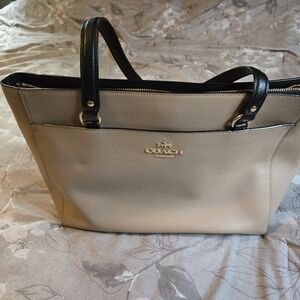 Coach Tan and Black Tote Bag with Sophisticated Design